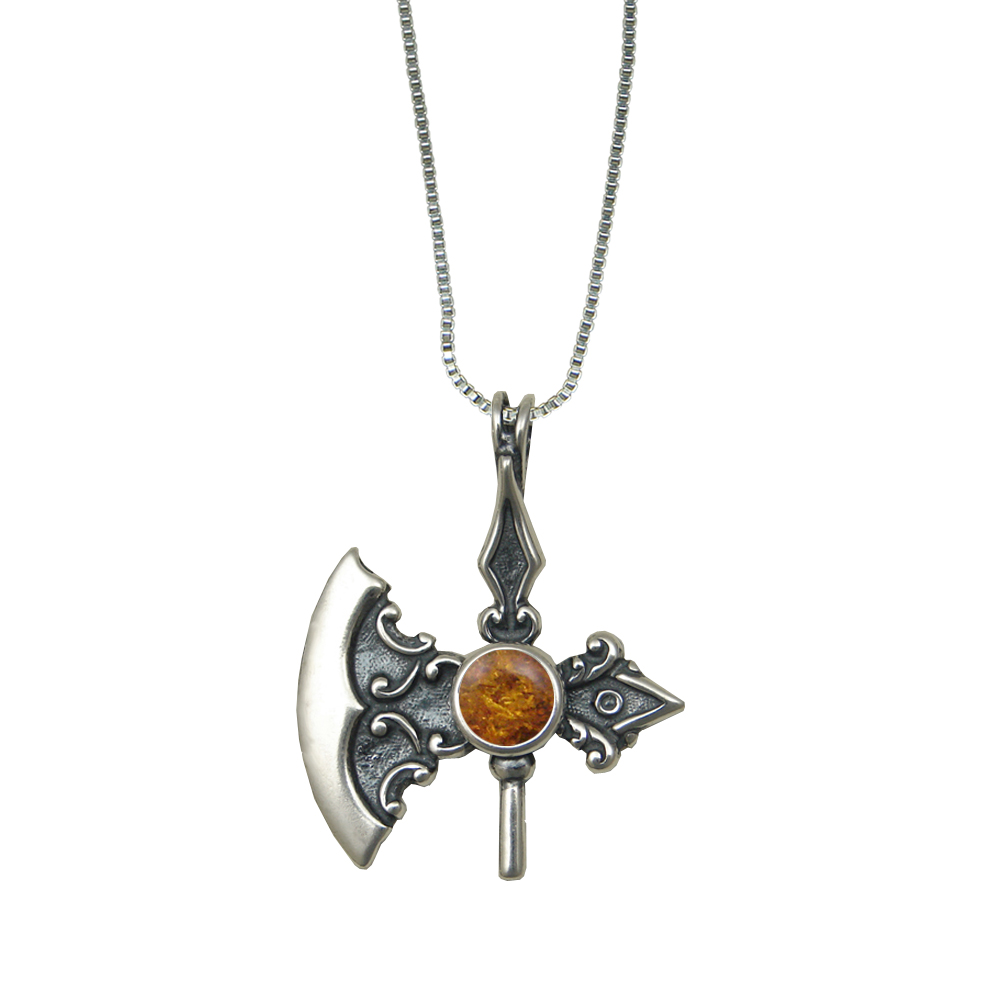 Sterling Silver Royal Battle Axe Pendant With Amber